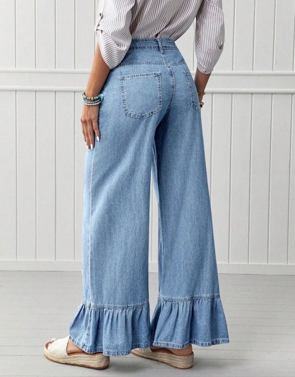 Light Wash Wide Leg Jeans Womens Ruffled Hem High Rise Denim Pants Trendy - Picture 3 of 8